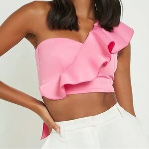 Boohoo cropped pink one shoulder ruffle top